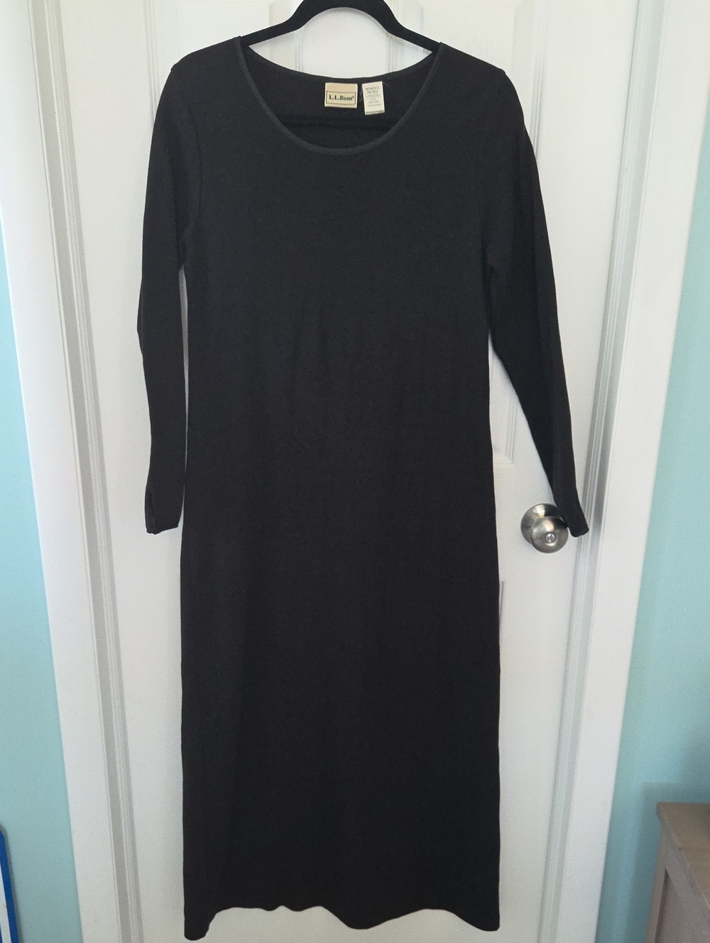 L.L.Bean Black Cotton Maxi Dress Small Lagenlook Minimalist Long Sleeve S